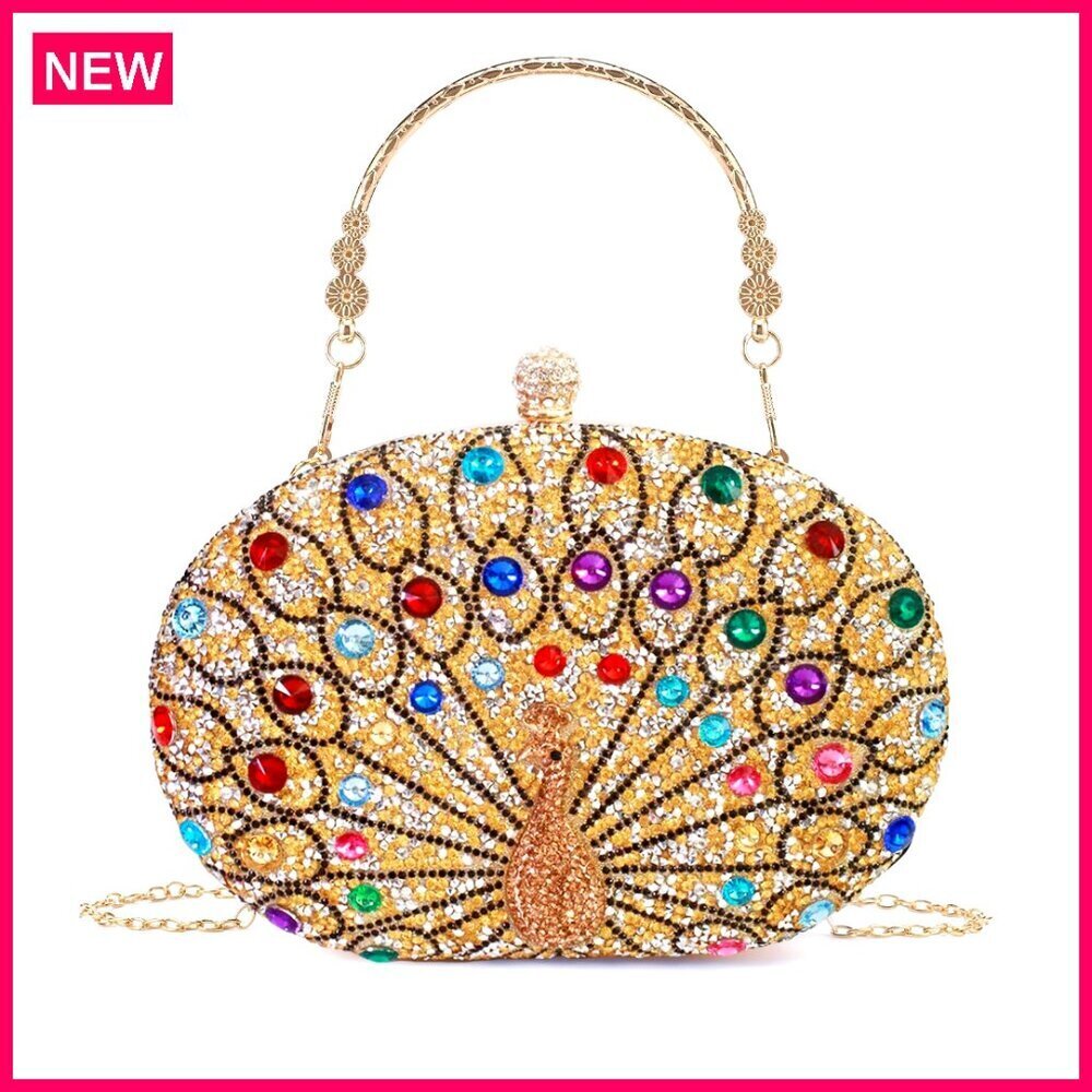 Rhinestone Evening Clutch with Removable Chain, 7.8x5.07 Inches, Peacock Design